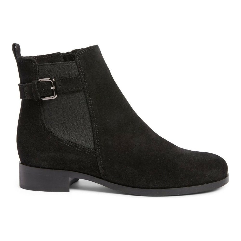 $400 La Canadienne Sterling BUCKLE MOTO Waterproof Bootie BLACK SUEDE 6.5 (B19)
